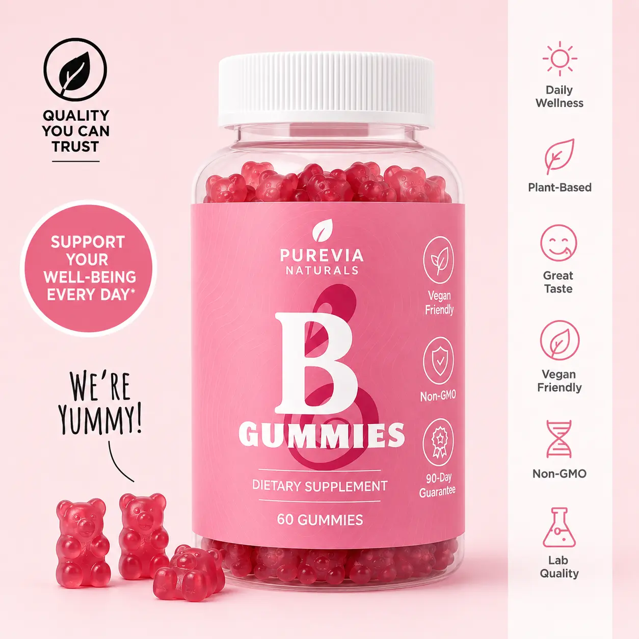 Purevia Naturals Women's Multivitamin Gummies - Daily Supplemental Nutrition Support, Herbal Blend, Vitamins A,C,E,B6, Berry Flavor, Gluten-Free, Vegan-Friendly Pectin-Based, 1-Month Supply, 60 Chewable Botanical Gummies, Multivitamin Women