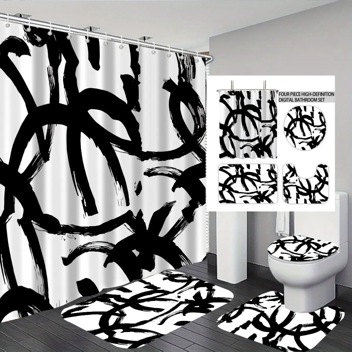 4Pcs Black White Decorative Abstract Striped Shower Curtain Set with Non Slip Rugs, Toilet Lid Cover and Bath Mat,  Home Bathroom Restroom Decor Bathroom Set, Bathroom Supplies, Bathroom Decoration Accessories with 12 Hooks