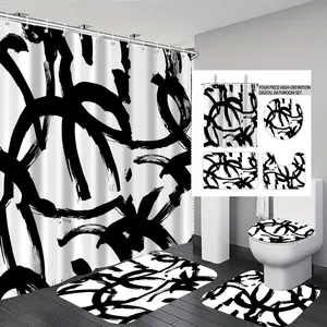 4Pcs Black White Abstract Striped Shower Curtain Set with Non Slip Rugs, Toilet Lid Cover and Bath Mat,  Home Bathroom Decor Bathroom Set,Bathroom Decoration Accessories with 12 Hooks