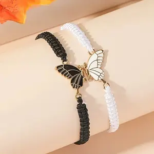 Waxed Rope Hand-Woven Butterfly Fashion Couple Bracelet Gift for Best Friend Alloy Bracelet in Black and White