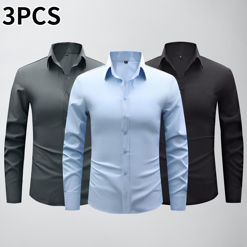 3-Pack Men's DressShirts 4-way Stretch Long SleeveCollared Solid Wedding Dating ButtonDown Shirts Business CasualBreathable Outfits Menswear Solid-color basics