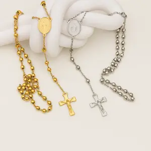 FWJ Stainless Steel 5mm Miraculous Rosary Necklace 24" Non Tarnish Gold Plated Mary Virgin Beads Natural Steel Color Durable Elegant Jewelry