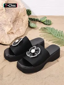 Women's Fashionable Flower Decorated Platform Sandals, Casual Comfortable Dressy Wedge Sandals for Summer, Lightweight Breathable Shoes for Beach Vacation, Flower Decorated Slides, Footwear