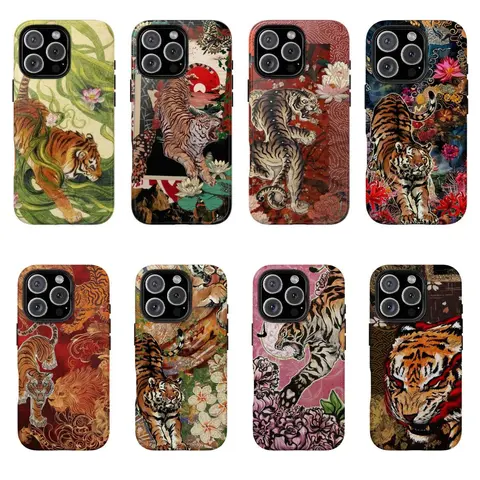 Personalized Vintage Chinese Tiger Protector Smartphone Casing - Cute Tiger Collage, Japanese Traditional Art Print, Durable Accessory for iPhone 17/16/16 Plus/15/14/13/12/11 Pro Max & Samsung Devices (Birthday Gift Option)