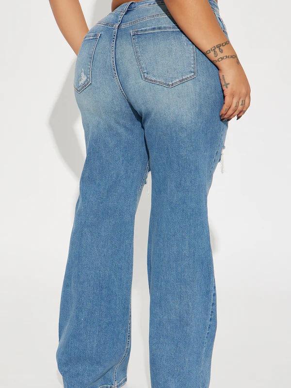 Remi Ripped Stretch Baggy Jeans - Medium Wash