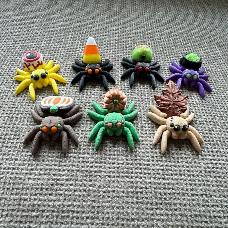 3D Printed Articulated Halloween, Fall, Autumn, Mini Spider Fidget Toys - Decorative Movable Home Decor Ornaments, Articulating Animal Figurines with Assorted Designs: Pumpkin, Apple, Leaf, Eye, Witch, Candy Corn