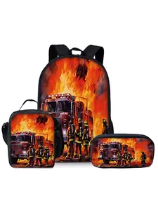 Firefighter pattern printed 17-inch backpack three-piece set (single-layer backpack + shoulder strap lunch bag + single-layer pencil bag)