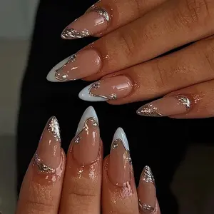 SHEDARES Icy Glam – Handmade Nude & Baby Blue French Almond Press-On Nails with Silver Chrome Details & Rhinestones – Luxury False Nails for Weddings, Dates & Parties