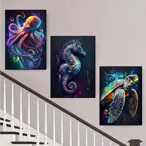 3pcs Canvas Wall Art Set, Ocean Animal Themed Decorative Painting, Modern Coastal Style Home Decoration for Living Room & Bedroom
