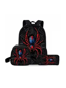 Spider pattern printed 17-inch travel backpack three-piece set (single-layer backpack + round lunch bag with shoulder strap + single-layer pencil case)