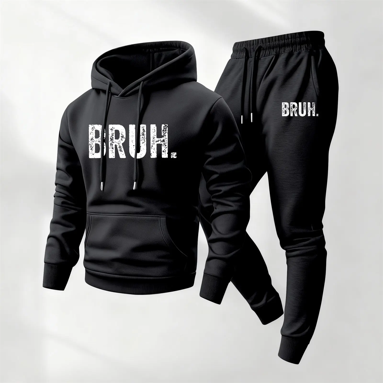 Men's Bruh Letter Printed Hoodie and Drawstring Sweatpants Set, Menswear, Casual Athletic Long Sleeve Hooded Jacket & Trousers for Fall & Winter, Men's Clothing for Daily Wear, Sportswear Indoor Outdoor, Tracksuit, Athleisure Summer Clothes