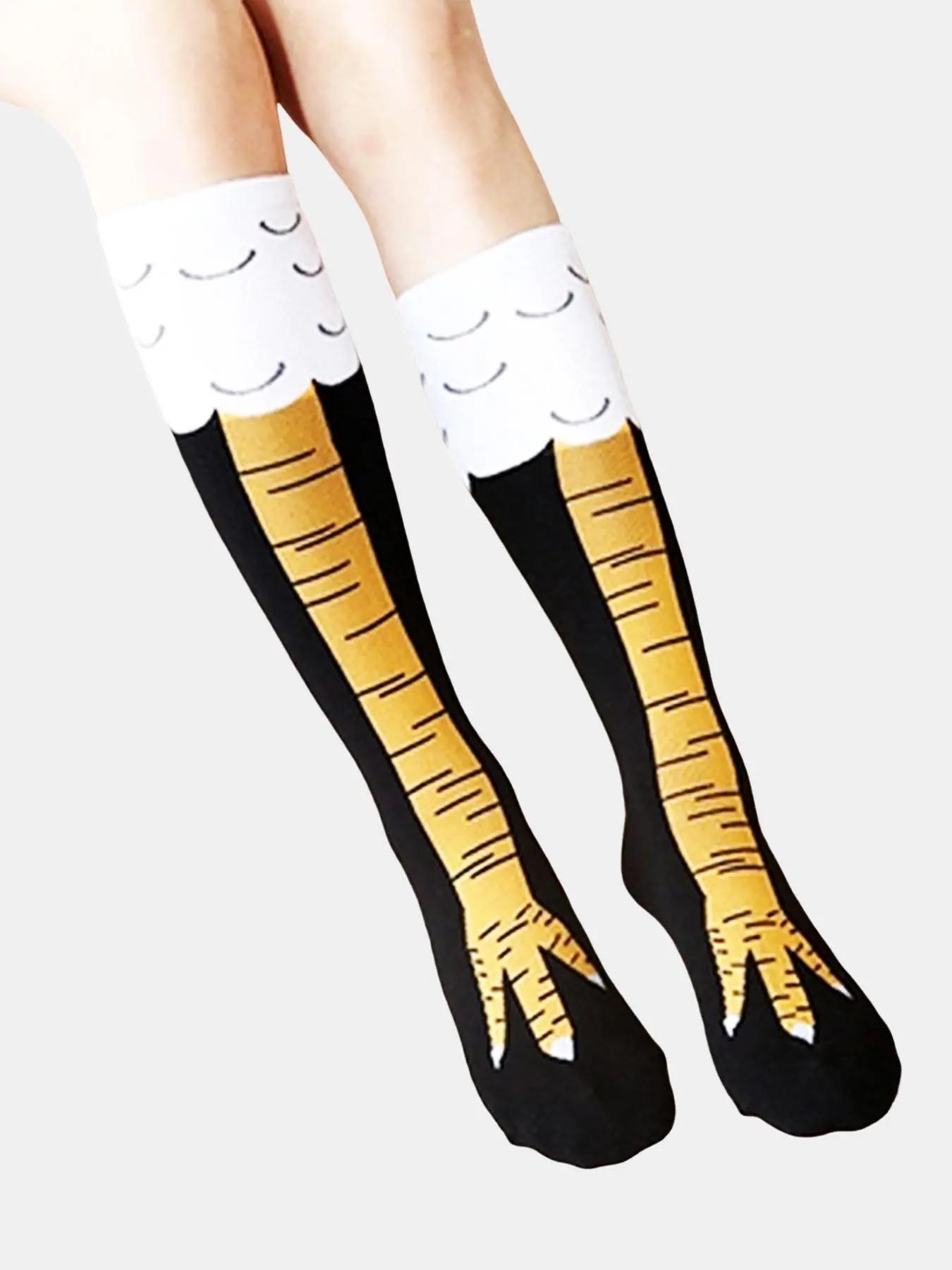 Men's Trendy Cartoon Print Over The Calf Socks, Cute Chicken Feet Design Knit Socks, Comfort Hosiery for Men Indoor Outdoor Wear