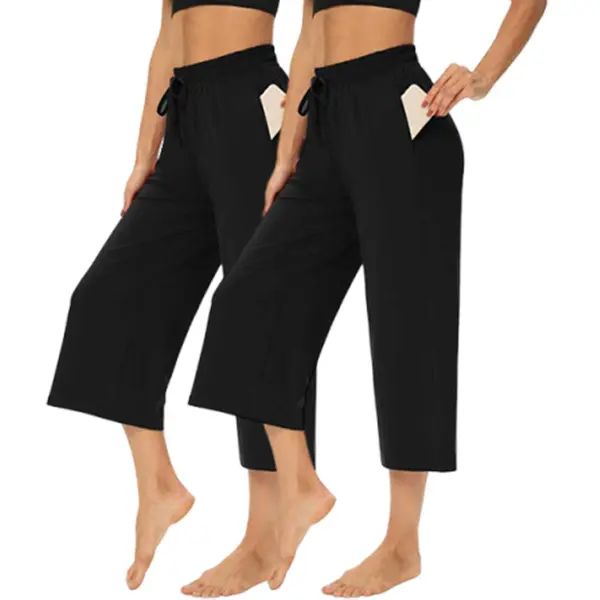 2pcs Women's Wide-Leg Cropped Pants with Pockets | Soft, high-waisted, drawstring casual cropped pants—perfect for daily summer wear, outings, and lounging at home.