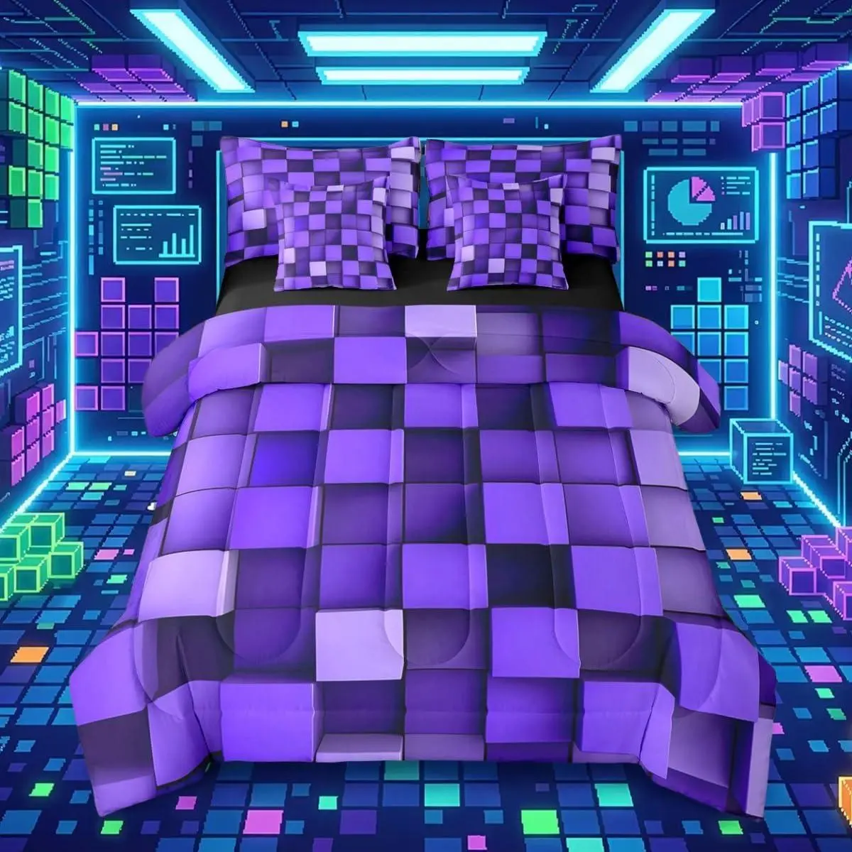 Pixelated Purple Black 7 Piece Bedding Set ,Geometric Check Video Games Bed in a Bag for Boys Girls ,Gamepad Grid Comforter Set with Sheets,Pillowcases & Cushion Cover Microfiber Room Decor