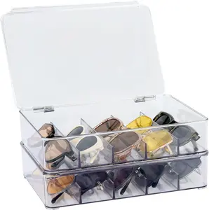 Sunglasses Organizer, Plastic Stackable Eyeglass Case Storage Organizer, Sunglass Glasses Storage Box with Hinged Lid, 5 Sections, 2 Pack, Clear