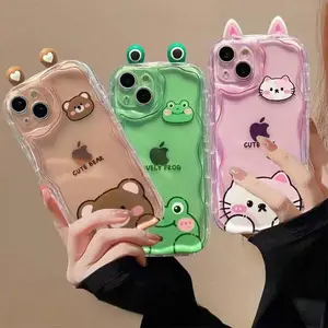 3D Cat Ears Frog Eyes Cute Shy Animal Case for Samsung Galaxy S25 Plus S23 S24 Ultra FE A56 A16 A36 A55 A35 A54 A53 A15 A26 5G Smartphone Shockproof with Accessories