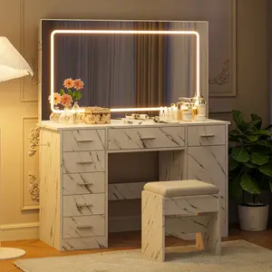 Marble White Makeup Vanity Desk with Lights and Mirror 3 Light Modes Adjustable Brightness 7 Drawer Dressing Table with Hairdryer Holder for Bedroom