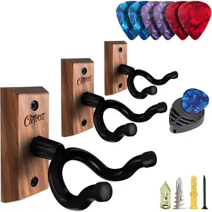 Guitar Wall Mount - 3 Pack Black Walnut Guitar Wall Hangers, U-Shape Hardwood Guitar Hanger, Guitar Gifts for Men Women Guitarists, Guitar Accessories, with 6 Assorted Guitar Picks