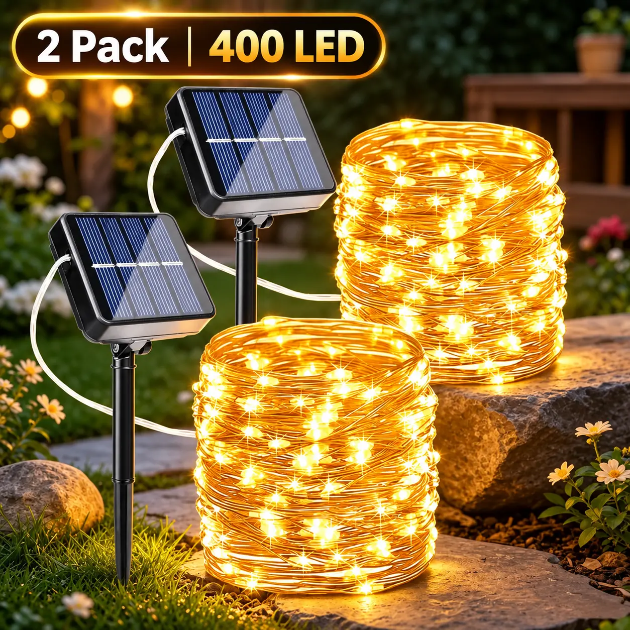 2-Pack Solar String Lights Outdoor, 72FT 400 LED Fairy Lights with 8 Modes, Auto On/Off, IP65 Waterproof for Garden, Patio, Backyard & Trees