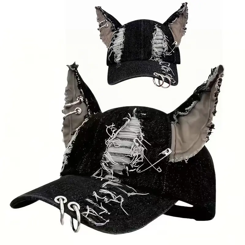 Unisex Solid Color Cat Ear Denim Baseball Cap, High-Quality Trendy Retro Hip Hop Adjustable Streetwear Hat for 56-61 cm, Mens Hats