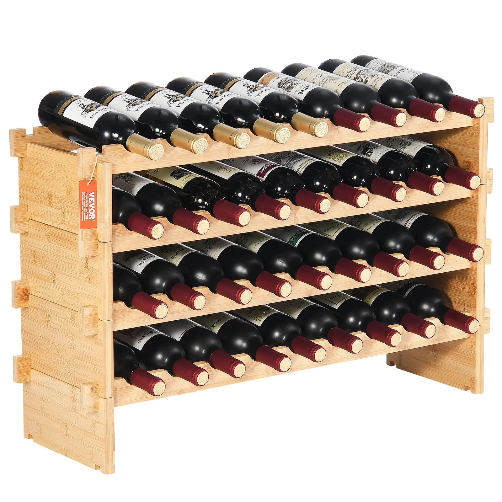 【summerfinds】VEVOR 36 Bottle Stackable Modular Wine Rack, 4-Tier Solid Bamboo Wood Storage Racks, Floor Freestanding Wines Holder Display Shelf, Wobble-Free Shelves for Kitchen, Bar, and Cellar (Natural Color), Storage Furniture, Bamboo Wine Racks
