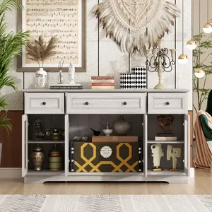 FUFU&GAGA Retro Credenza Buffet Sideboard Storage Cabinet with Glass Doors, Drawers & Shelves, Kitchen Wood Cupboard Console Cabinet for Living Room, Grey Furniture Organize
