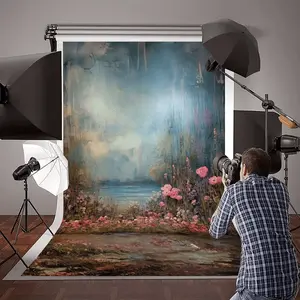 1PC,2D Flat Vintage Oil - painting Style Floral Lake Photography Backdrop, Artistic Hazy Landscape Theme, Photo Background For Children & Adults, Professional Shooting Prop For Studio, Creative Ba