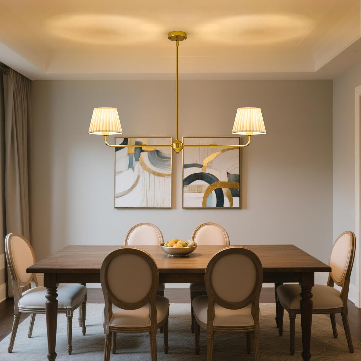 Karjear Gold Linear Chandelier, 43.3" Modern Double Kitchen Island Light with White Fabric Shade for Dining Room Restaurant Living Room