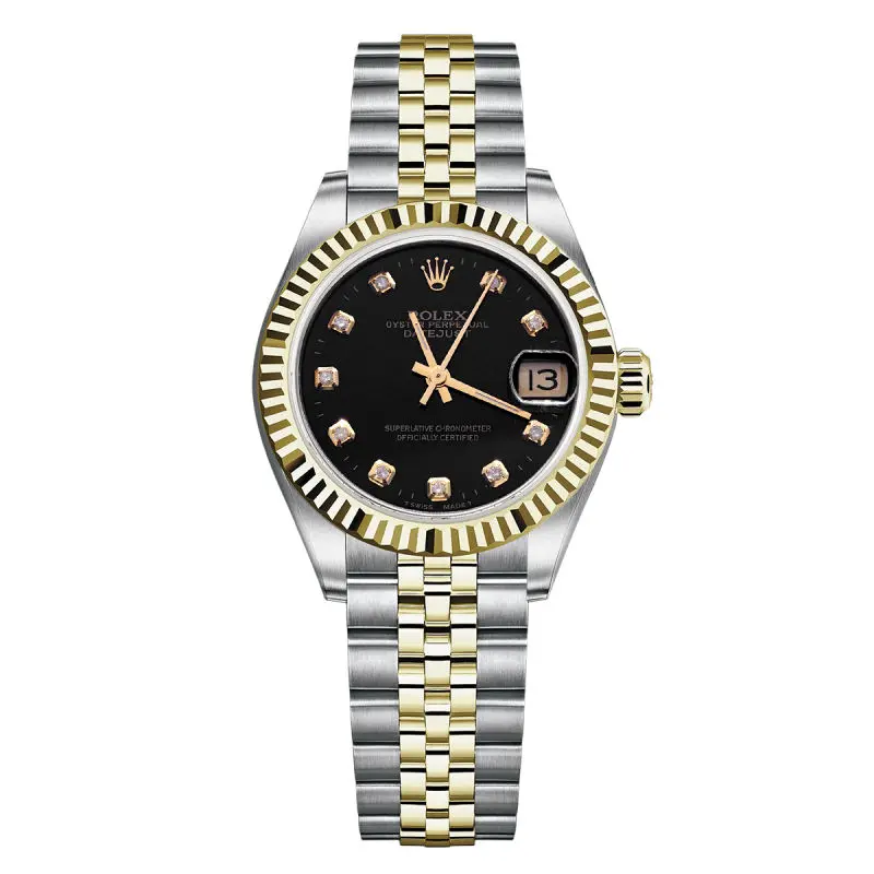 Rolex Datejust 31 68273 Two-Tone Yellow Gold Fluted Bezel Black Diamond Dial Jubilee Bracelet Midsize Watch WHP041533