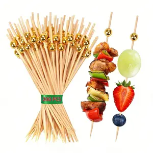 【Pack of 200】 Cocktail Picks For Appetizers, Charcuterie & Party - 4.7" Gold Bamboo Skewers, Fancy Toothpicks For Fruit, Drinks, Desserts, Sandwiches (Mini Pearl Food Garnboardish Sticks)