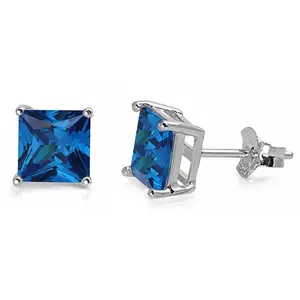 925 Sterling Silver Stud Earrings Blue Sapphire CZ Princess Cut (5mm)