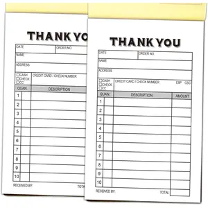 2-Pack Thank You Receipt Pad, Sales Receipt Form, Order Book, Invoice Booklet for Small Boutique Business, 3.4"x5.5" Handheld, 100 Sets Carbonless-White/Yellow.