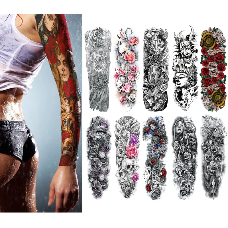 High Quality Ephemeral Tattoos - 10 Sheets 17.5x6in Full Arm Tattoo Art, Skin-Safe Hypoallergenic Waterproof Custom Temporary Ink-Based Decals for Adults, Floral Skull Fake Sleeve for Pool Days