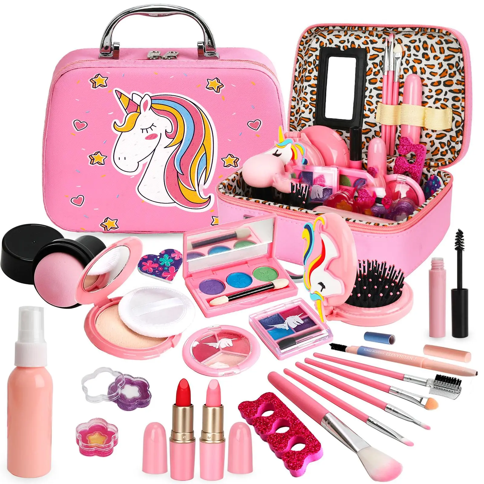 Children's makeup set, a washable role-playing toy set that includes powder compact, makeup sponge, lipstick, eyeshadow, makeup brush, blush, comb, plastic mirror, and more. Perfect as a birthday or Christmas gift for children ages 3–12.