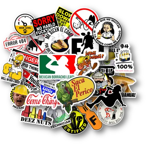 30 funny Mexican-themed parody decals for hard hats, tool boxes, and tumblers—durable vinyl, ships fast.