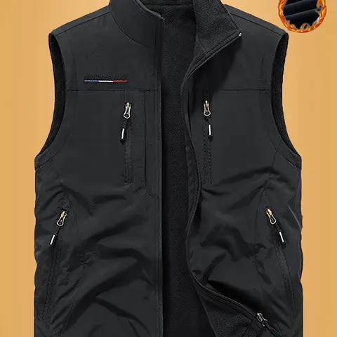 Men's Fitted Polar Fleece Waistcoat - Couple's Double-Sided Wear, Button-Closure, Quick-Dry Woven Polyester, Multi-Patch Pockets, Casual Sleeveless Outdoor Gilet for Hiking, Photography (Green, Black, Spring)