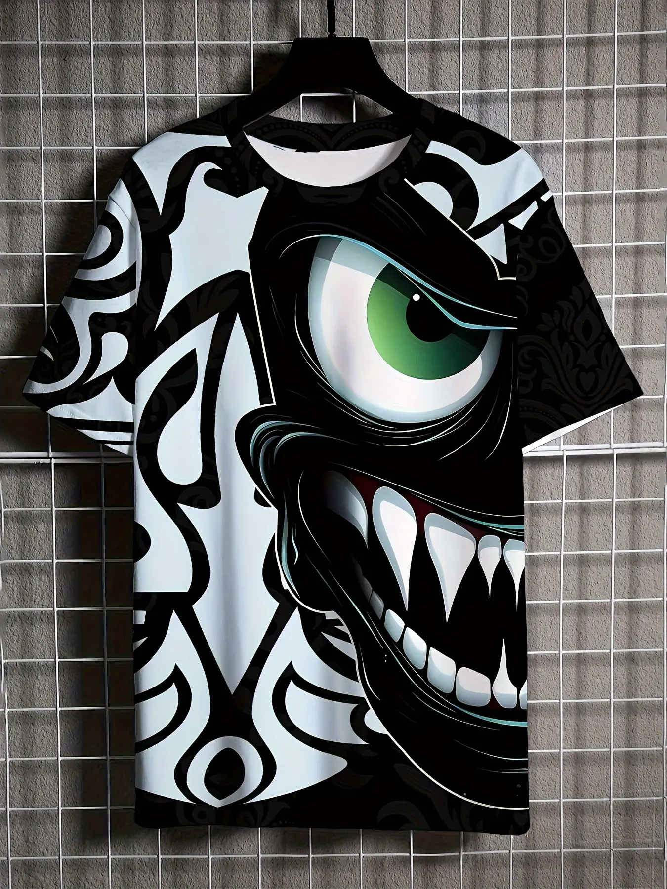Mens Horror T-Shirt - Breathable Polyester Fabric Menswear Top, 3D Monster Face Graphic, Black & White Short-Sleeve Casual Summer Round Neck Tee with Eye & Teeth Print, Plus Size, Tshirt, Knit, Stretch, Regular Fit, Shortsleeve, Polyester Blend