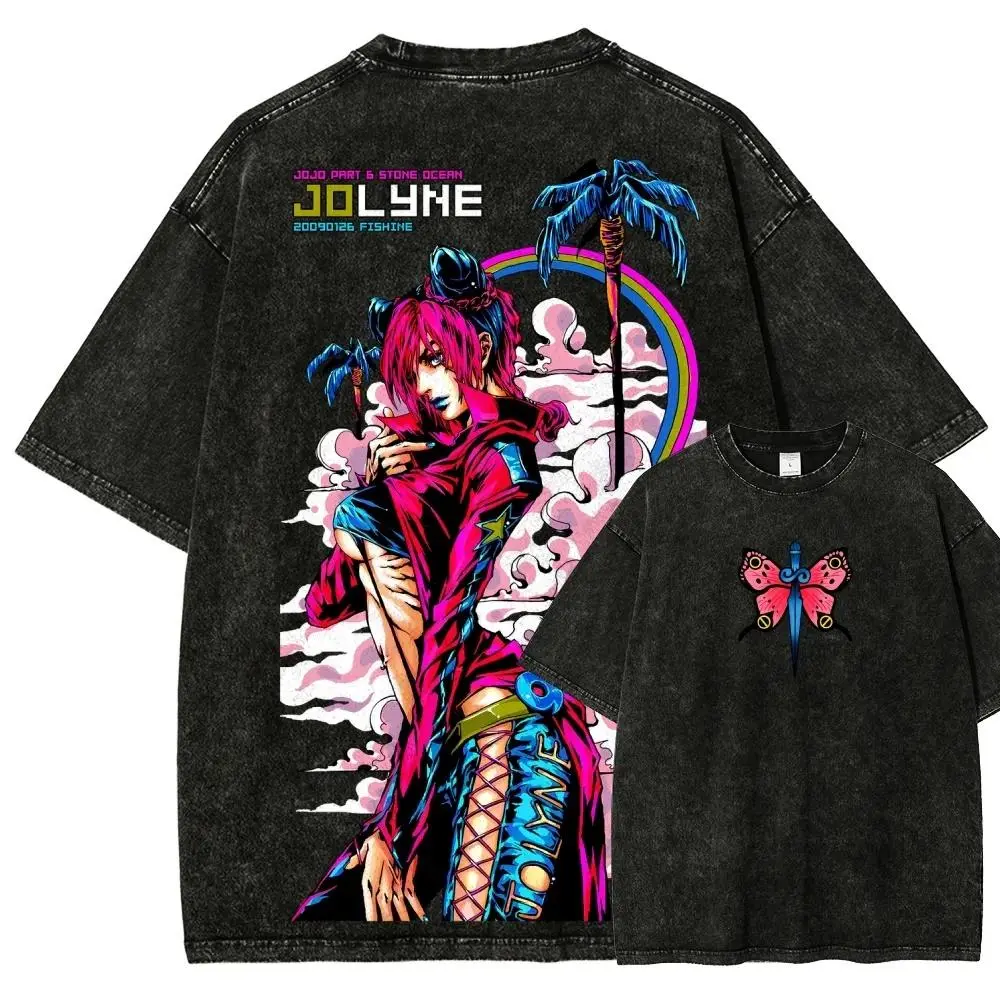 Vintage Washed Cotton T-Shirt with Jolyne Cujoh Graphic, Oversized Unisex Crew Neck Streetwear Top for Jojo Fans, S-3XL