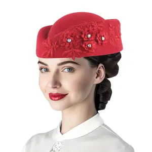 Womens Autumn Winter Felt Stewardess Hat with Lace Flower Elegant Decorative Hat