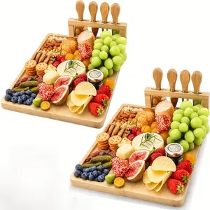Wood Cheese Board Set-Charcuterie Sets, Cheese Tray, Appetizer Board And Meat Platter with 4 304Stainless Steel Cheese Knives, Easy to Carry, Perfect for Wedding Gifts, Christmas Birthday Parties, Halloween Gifts
