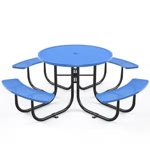 Picnic Table for Outdoor with Umbrella Hole Coated Steel Heavy-Duty Portable Commercial-Grade Patio Dining Furniture Set Blue Round 78.7" x 29.9" 1100LBS Capacity