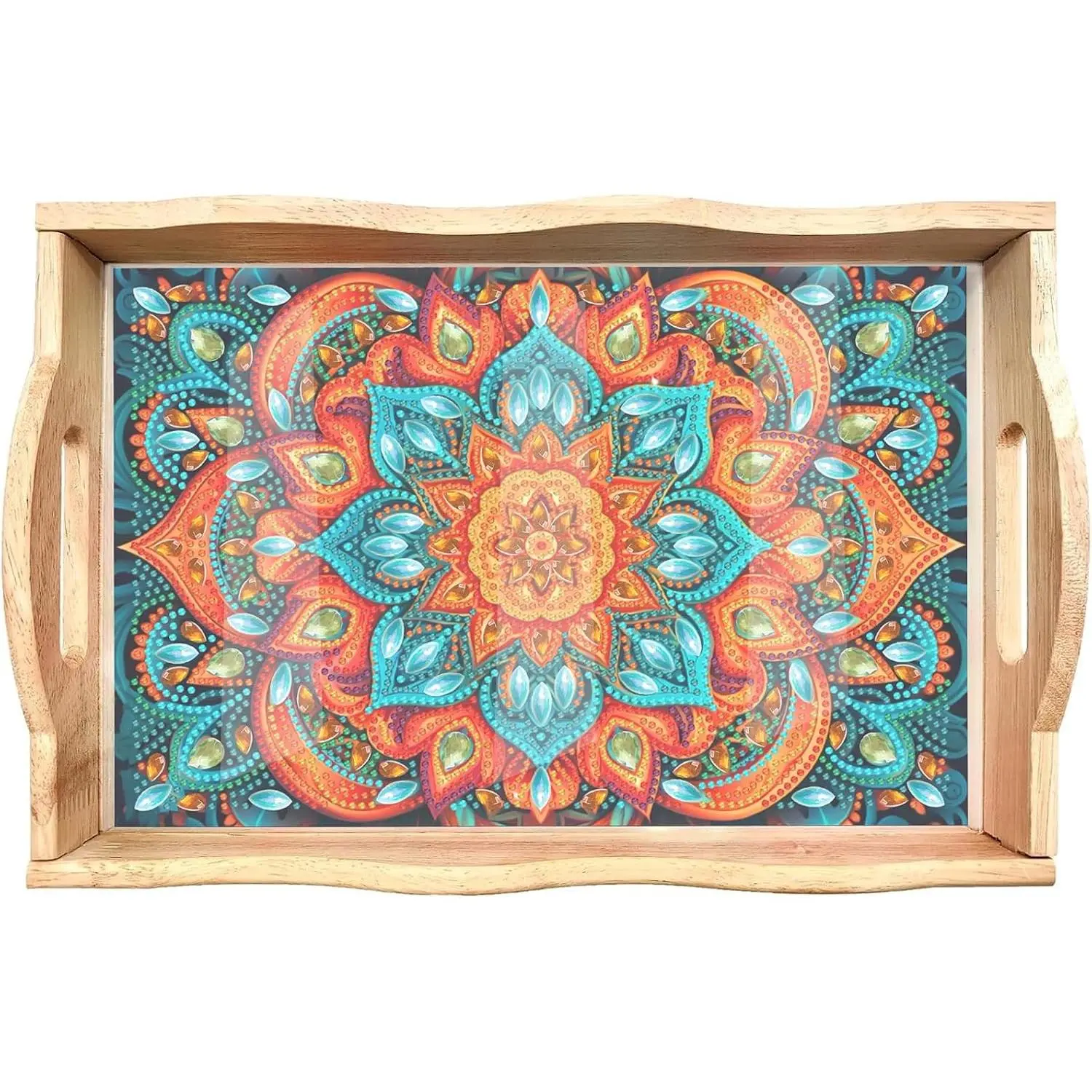 Diamond Art Kits for Adults Wooden Serving Trays with Handles, 5D Diamond Painting Big Gem Arts and Craft Gifts Trays Decor Home Decor 7.8x11.8 Inches Mandala
