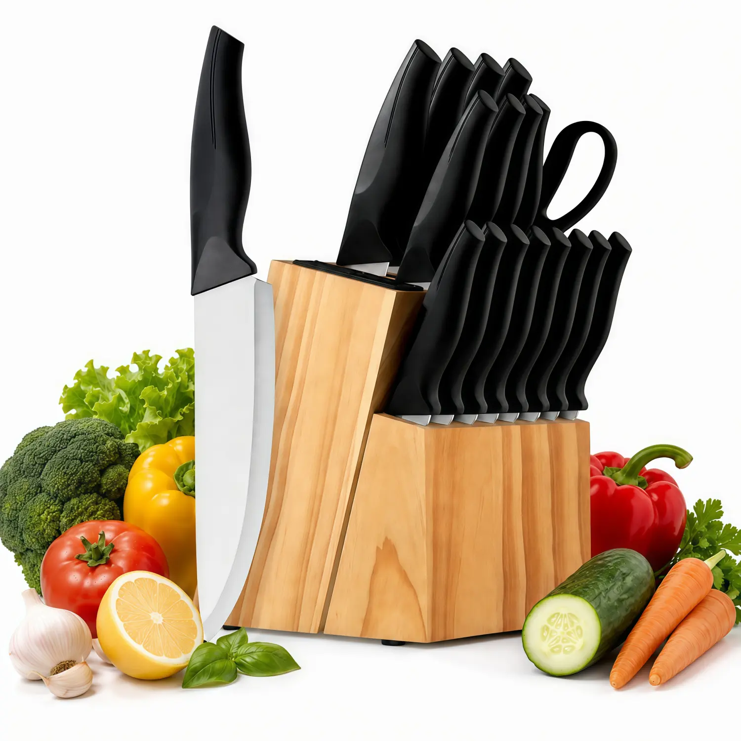 19-Piece Stainless Steel Kitchen Knife Set with Self-Sharpening Block, Built-In Knife Sharpener, Ergonomic ABS Non-Slip Handles, Black Cutlery for Home Slicing and Cutting Tasks
