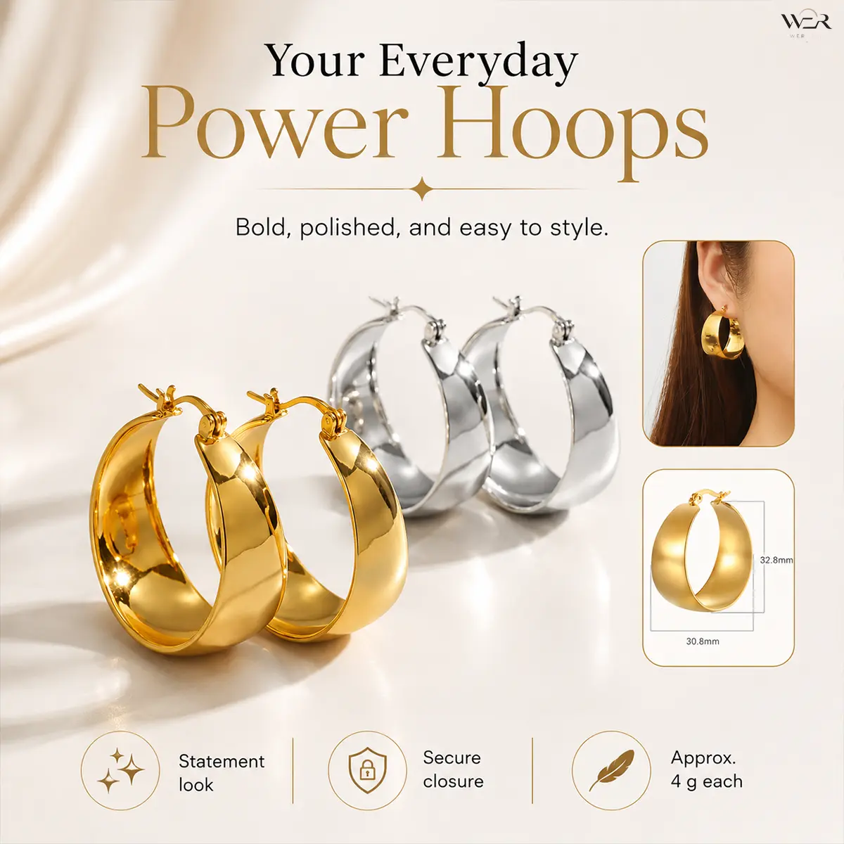 Bold Polished Hoops for Women, Gold or Silver Tone Statement Style, Lightweight 4 g each, 30.8 mm, Easy to Style for Daily & Special Occasions, 32.8 Mm Height, Bold, Polished, And Easy To Style