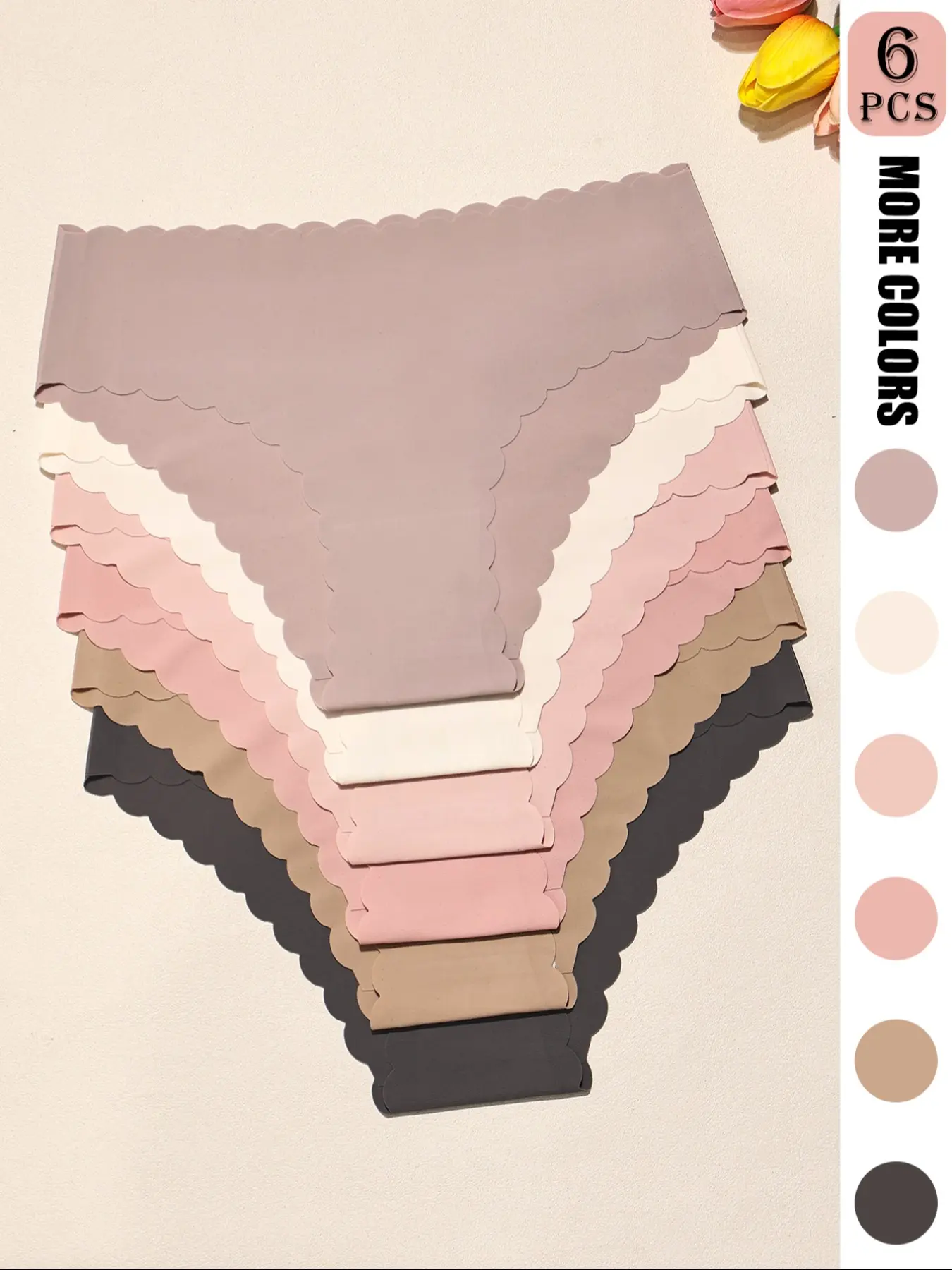 6-Pack Elegant Solid Color Seamless Smooth Women's Panties Seamless Knickers - Breathable & Quick-Dry Nylon Blend, Scalloped Wave Hem, Comfort Stretch for Yoga, Fitness, Dance, Seamless High Stretch