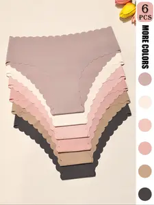 6-Pack Elegant Solid Color Seamless Smooth Women's Panties - Breathable & Quick-Dry Nylon Blend, Scalloped Wave Hem, Comfort Stretch for Yoga, Fitness, Dance, Seamless High Stretch