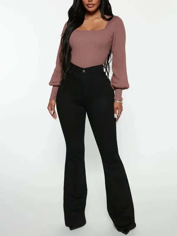 Women's Black Flare Jeans - Stretch Denim Casual Pants with High Rise & Flare Leg Opening for Everyday Wear