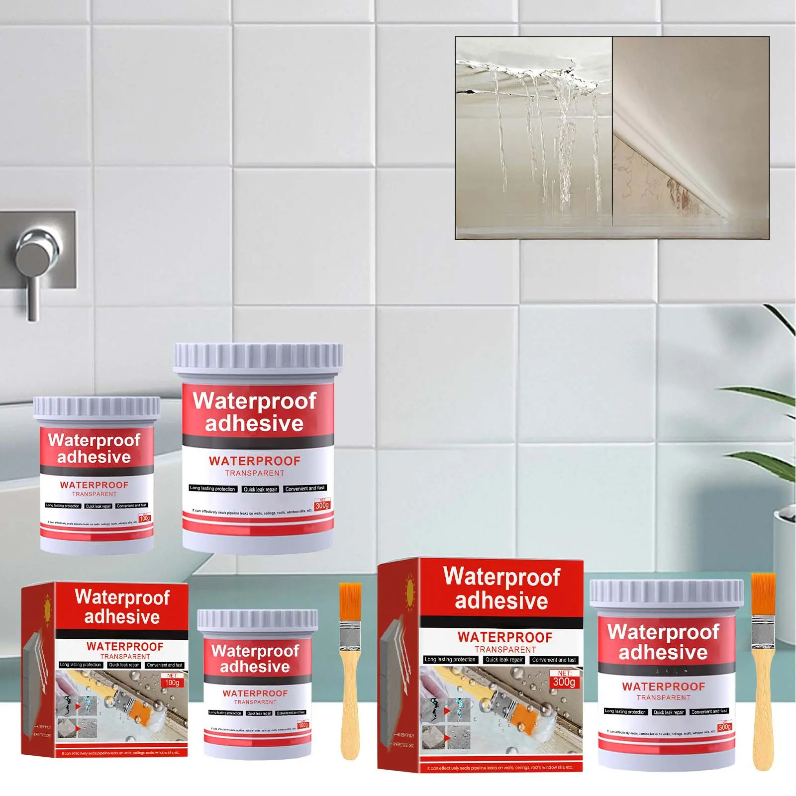 377g Transparent Waterproof Acrylic Glue Set (1 Set, 1.3*9.5cm) - With Defoaming Agent, Roof/Bathroom Leak Repair Coating, No Brick Removal, Home Mold & Damp Proofing, 3-Year Durability, Water Resistant, Transparent Set