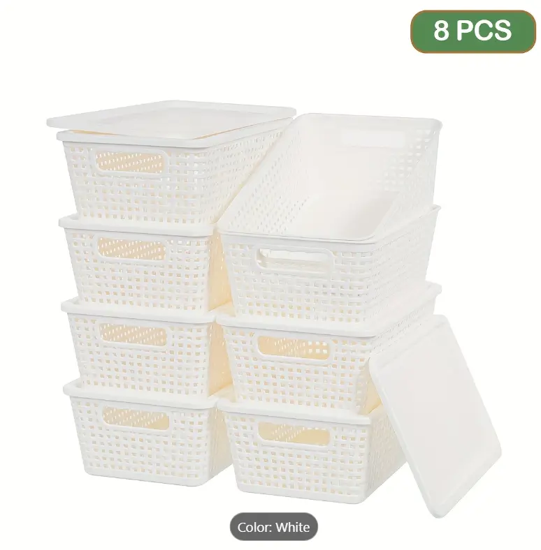 8PCS Stackable Storage Bins with Lids, Plastic Shelf Organizer Baskets, Small File Organizers for Office Desk, Closet & Home Organization, Durable Stackable Containers, White