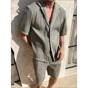 Summer men's casual two-piece set featuring a loose-fitting short-sleeved shirt and shorts, designed with a fashionable stripe pattern for a stylish and comfortable look.